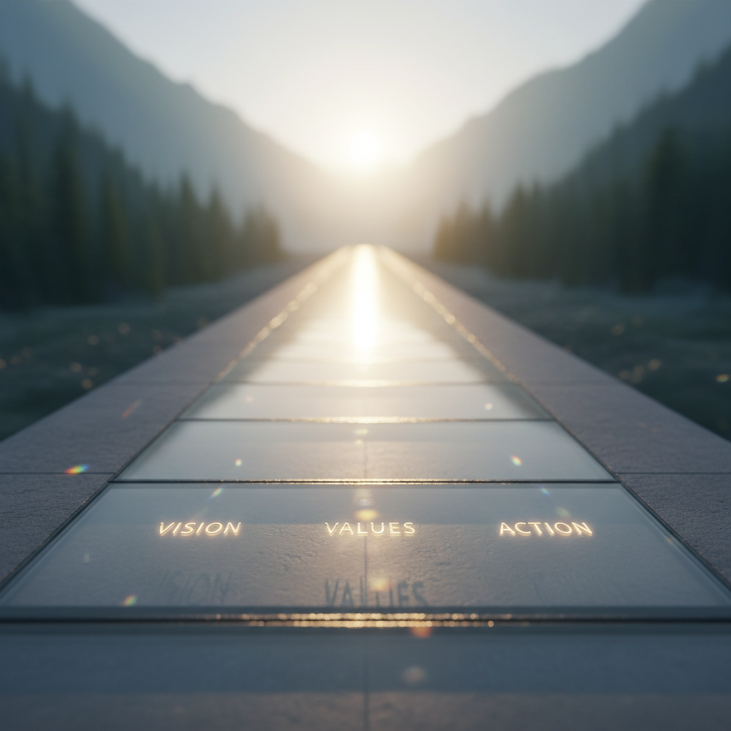 A crystal-clear glass pathway made of frosted panels stretches forward through a softly blurred landscape of abstract, muted shapes suggesting mountains and forests, symbolizing infinite possibilities. The nearest glass panel is engraved with subtle words like “Vision,” “Values,” and “Action,” illuminated by soft golden-hour sunlight streaming from the horizon ahead. Light creates delicate reflections and refractions along the pathway edges, casting gentle, directional shadows on an understated stone ground. Shot from a low, forward-facing angle with strong leading lines guiding the eye toward a glowing, slightly out-of-focus destination, the image feels aspirational, calm, and purpose-driven. The composition uses photographic realism with a minimalist, modern aesthetic that conveys clear direction emerging from uncertainty.