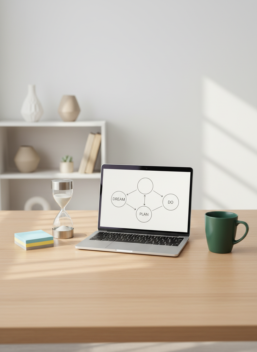 A tidy, modern workspace featuring a large, light-wood desk with a slim, silver laptop displaying a simple, elegant flowchart that moves from “Dream” to “Plan” to “Do.” Beside the laptop, a neat stack of color-coded sticky notes, a sand-filled hourglass with brushed metal caps, and a single deep-green ceramic mug create a sense of organized progress. Soft, diffused daylight enters from the right, reflected gently on a white wall and casting subtle, soft shadows across the desk’s grain. The background shows a blurred, minimal shelving unit with neatly arranged neutral objects. Captured from a slightly elevated angle with balanced composition and moderate depth of field, the photographic realism style feels professional, calm, and efficient, emphasizing structure and actionable direction.